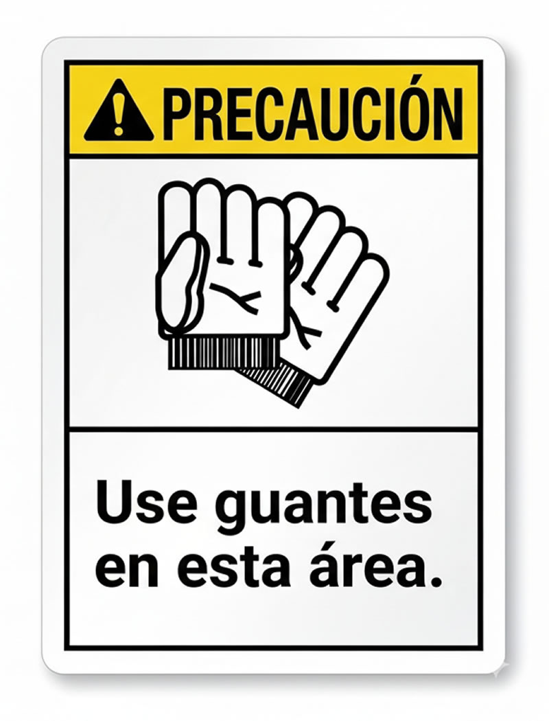 Señal de uso obligatorio de guantes en zona de chorro abrasivo en Bogotá, Colombia. Montajes, Ingeniería y Construcción. MIC SAS.