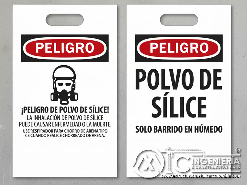 Señales portátiles de polvo de sílice en área de chorro abrasivo en Bogotá, Colombia. Montajes, Ingeniería y Construcción. MIC SAS.
