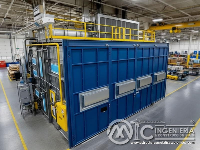 Cabina de arenado con ductos externos de ventilación y extracción en Bogotá, Colombia. Montajes, Ingeniería y Construcción. MIC SAS.