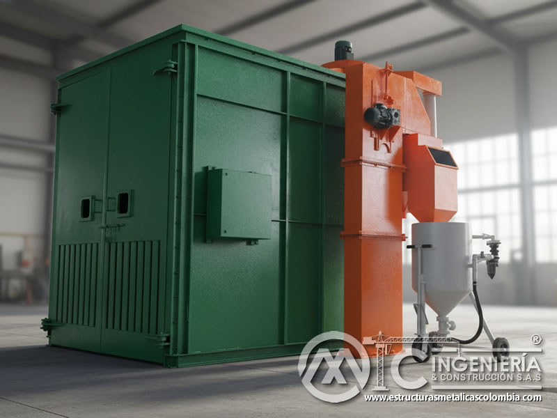 Cabina de granallado con ciclón separador y equipo de presión en Bogotá, Colombia. Montajes, Ingeniería y Construcción. MIC SAS.