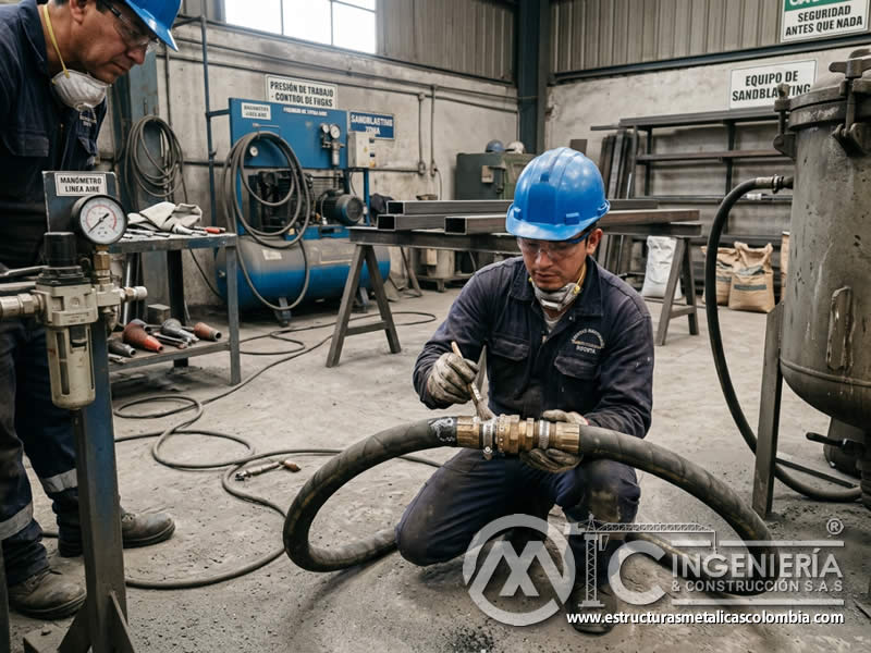 Fugas de aire en mangueras que afectan presión de sandblasting en Bogotá, Colombia. Montajes, Ingeniería y Construcción. MIC SAS.