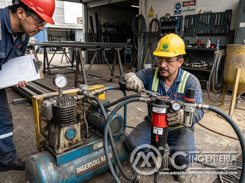 Mantenimiento del sistema de aire y compresor para sandblasting en Bogotá, Colombia. Montajes, Ingeniería y Construcción. MIC SAS.