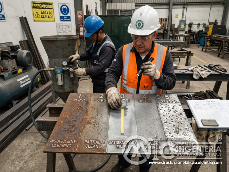 Prueba de presión en limpieza abrasiva sobre muestra en Bogotá, Colombia. Montajes, Ingeniería y Construcción. MIC SAS.