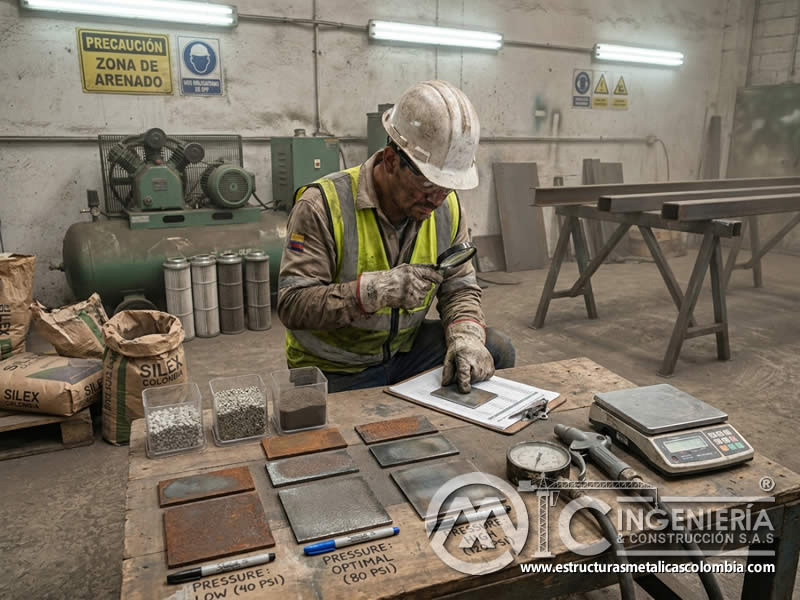 Rendimiento del abrasivo según presión de aire en sandblasting en Bogotá, Colombia. Montajes, Ingeniería y Construcción. MIC SAS.