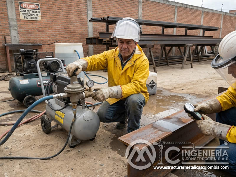 Sandblasting húmedo con presión de aire, agua y abrasivo en Bogotá, Colombia. Montajes, Ingeniería y Construcción. MIC SAS.