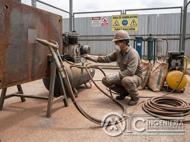 Sandblasting en seco con presión de aire en boquilla en Bogotá, Colombia. Montajes, Ingeniería y Construcción. MIC SAS.