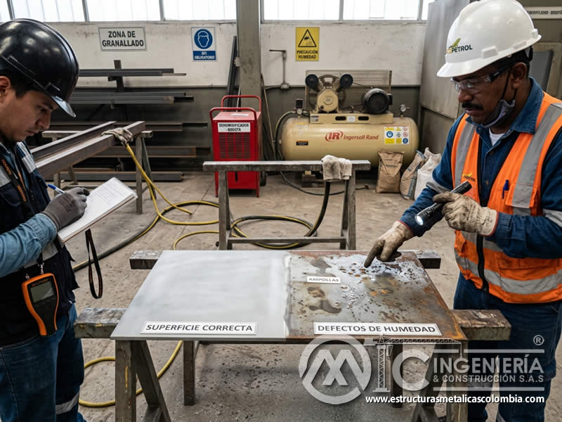 Defectos por humedad en arenado y recubrimiento de superficie en Bogotá, Colombia. Montajes, Ingeniería y Construcción. MIC SAS.