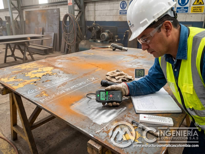 Medición de humedad en superficie de acero antes del chorro abrasivo en Bogotá, Colombia. Montajes, Ingeniería y Construcción. MIC SAS.