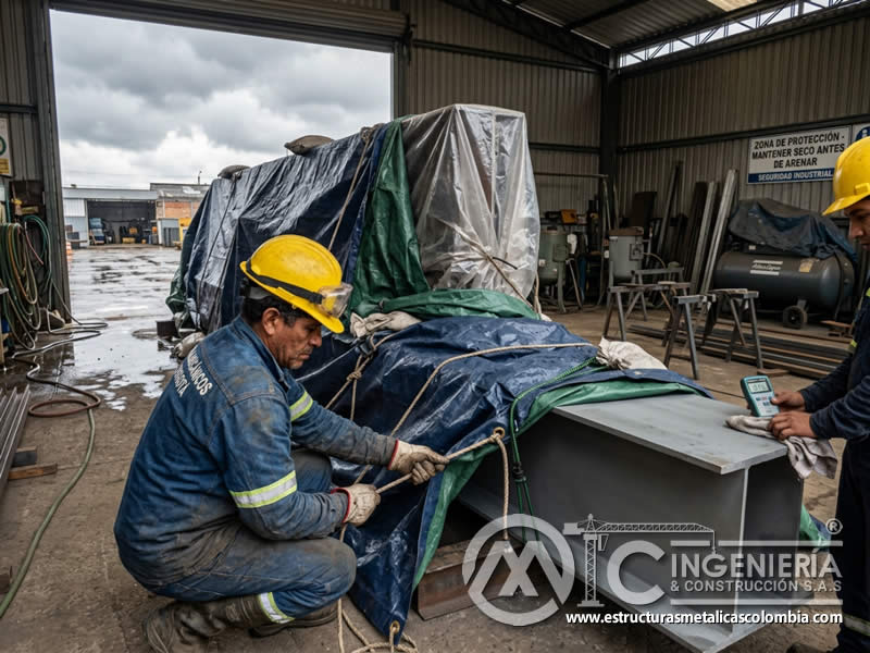Protección de superficie frente a lluvia antes del chorreado de arena en Bogotá, Colombia. Montajes, Ingeniería y Construcción. MIC SAS.