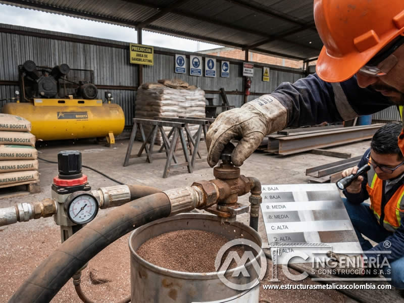 Ajuste de flujo en arenado mediante válvula de abrasivo en Bogotá, Colombia. Montajes, Ingeniería y Construcción. MIC SAS.