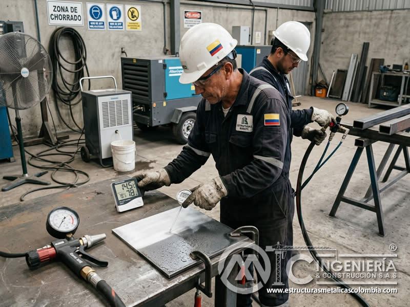 Ajuste de parámetros de chorro abrasivo según humedad ambiente en Bogotá, Colombia. Montajes, Ingeniería y Construcción. MIC SAS.