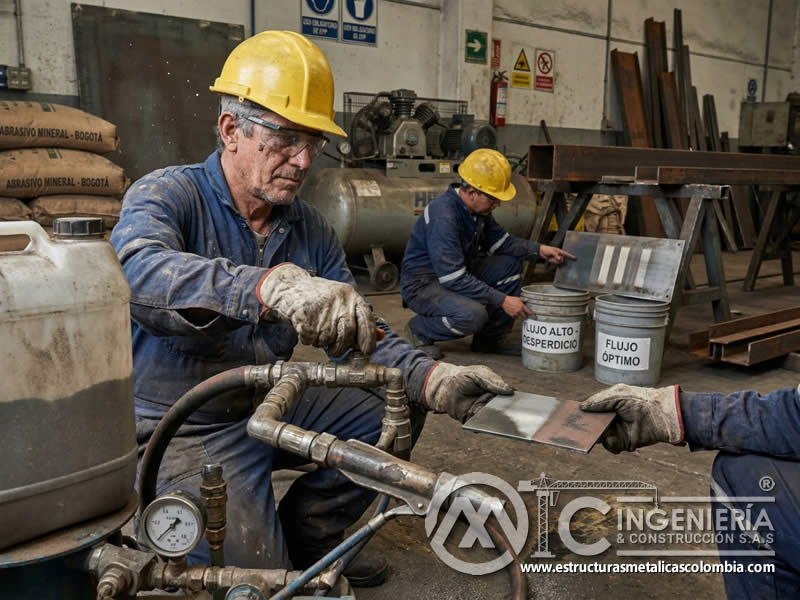 Flujo del abrasivo y tasa de operación en sandblasting en Bogotá, Colombia. Montajes, Ingeniería y Construcción. MIC SAS.