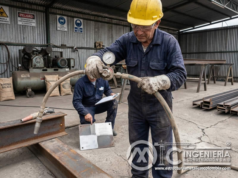 Presión del abrasivo y ajuste operativo en sandblasting en Bogotá, Colombia. Montajes, Ingeniería y Construcción. MIC SAS.