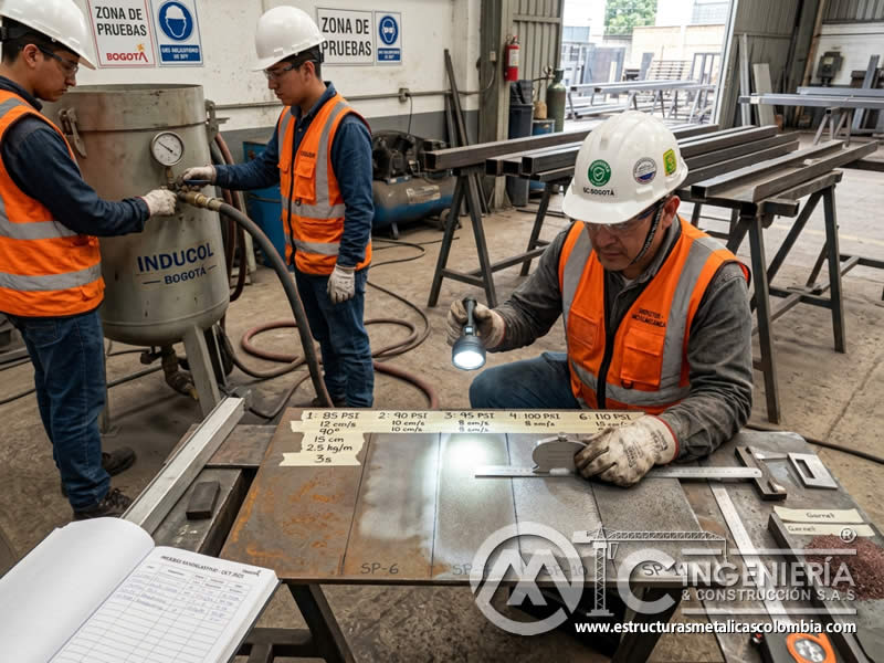 Prueba de parámetros de sandblasting sobre muestra de acero en Bogotá, Colombia. Montajes, Ingeniería y Construcción. MIC SAS.