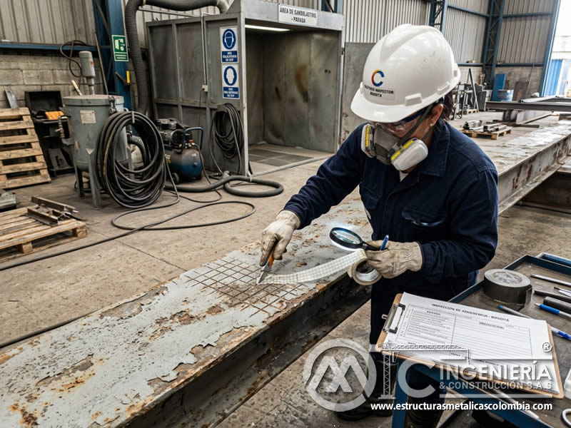 Prueba de adherencia de recubrimiento antes de sandblasting con corte cruzado en Bogotá, Colombia. Montajes, Ingeniería y Construcción. MIC SAS.