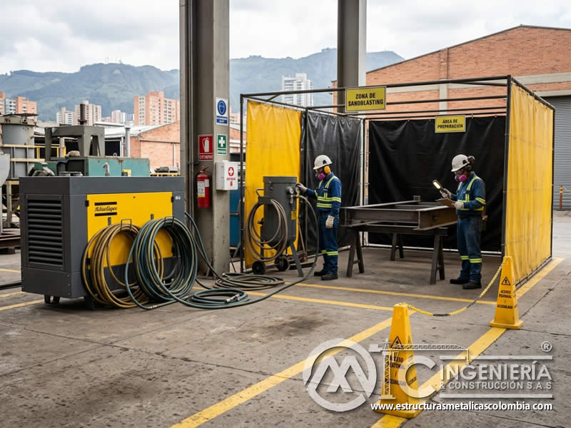 Preparación del área de trabajo para sandblasting con accesibilidad segura en Bogotá, Colombia. Montajes, Ingeniería y Construcción. MIC SAS.