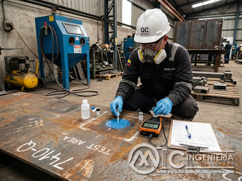 Prueba de sales solubles en superficie metálica antes del arenado en Bogotá, Colombia. Montajes, Ingeniería y Construcción. MIC SAS.