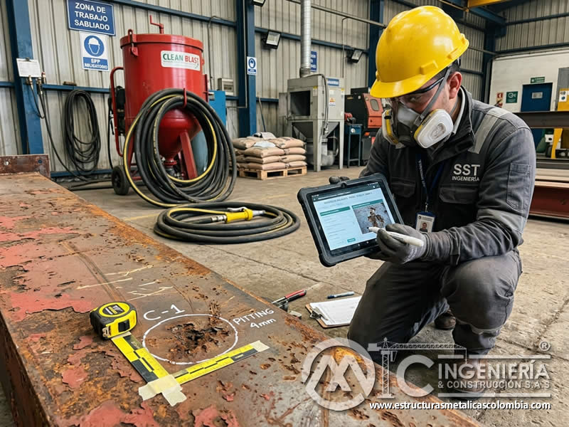 Registro fotográfico de defectos y hallazgos de superficie antes del arenado en Bogotá, Colombia. Montajes, Ingeniería y Construcción. MIC SAS.
