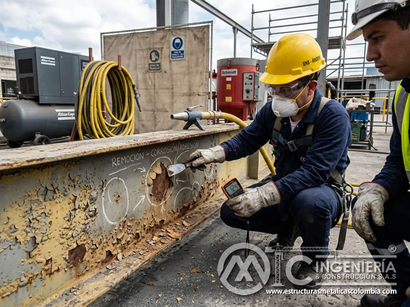 Decisión de remoción de pintura descascarada mediante arenado en Bogotá, Colombia. Montajes, Ingeniería y Construcción. MIC SAS.