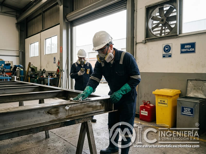 Aplicación segura de disolvente antes del arenado con ventilación y EPP en Bogotá, Colombia. Montajes, Ingeniería y Construcción. MIC SAS. Aplicación segura de disolvente antes del arenado con ventilación y EPP en Bogotá, Colombia. Montajes, Ingeniería y Construcción. MIC SAS.