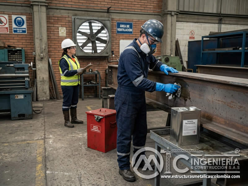 Uso controlado de disolventes antes del sandblasting para remover grasa y pintura en Bogotá, Colombia. Montajes, Ingeniería y Construcción. MIC SAS. Uso controlado de disolventes antes del sandblasting para remover grasa y pintura en Bogotá, Colombia. Montajes, Ingeniería y Construcción. MIC SAS.