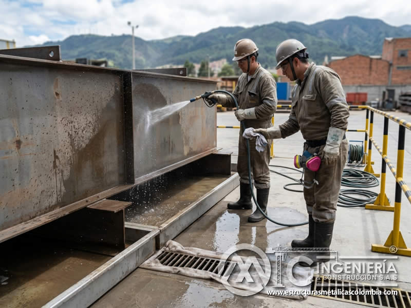 Enjuague de superficie antes de chorro abrasivo para retirar detergente y residuos en Bogotá, Colombia. Montajes, Ingeniería y Construcción. MIC SAS. Enjuague de superficie antes de chorro abrasivo para retirar detergente y residuos en Bogotá, Colombia. Montajes, Ingeniería y Construcción. MIC SAS.
