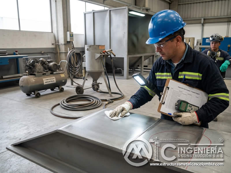 Inspección post-limpieza para verificar superficie lista antes del sandblasting en Bogotá, Colombia. Montajes, Ingeniería y Construcción. MIC SAS. Inspección post-limpieza para verificar superficie lista antes del sandblasting en Bogotá, Colombia. Montajes, Ingeniería y Construcción. MIC SAS.