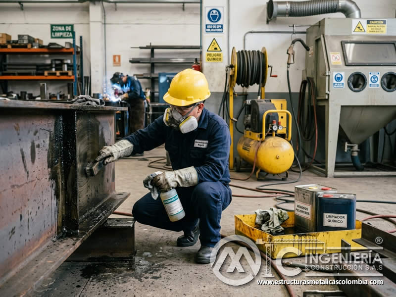 Limpieza química de grasa y aceite antes del sandblasting sobre superficie metálica en Bogotá, Colombia. Montajes, Ingeniería y Construcción. MIC SAS. Limpieza química de grasa y aceite antes del sandblasting sobre superficie metálica en Bogotá, Colombia. Montajes, Ingeniería y Construcción. MIC SAS.