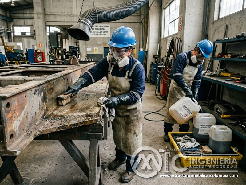 Uso de EPP durante limpieza química previa a limpieza abrasiva industrial en Bogotá, Colombia. Montajes, Ingeniería y Construcción. MIC SAS. Uso de EPP durante limpieza química previa a limpieza abrasiva industrial en Bogotá, Colombia. Montajes, Ingeniería y Construcción. MIC SAS.