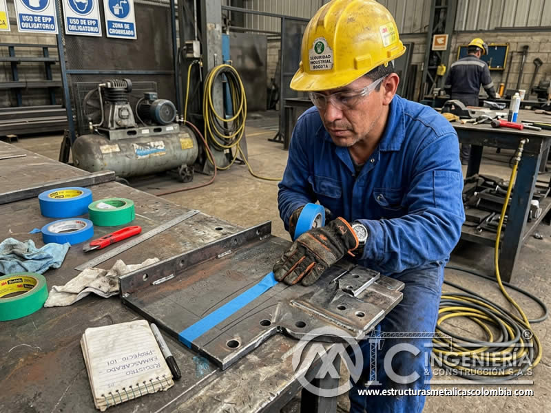 Aplicación de cintas para protección precisa antes del chorro de arena en Bogotá, Colombia. Montajes, Ingeniería y Construcción. MIC SAS. Aplicación de cintas para protección precisa antes del chorro de arena en Bogotá, Colombia. Montajes, Ingeniería y Construcción. MIC SAS.