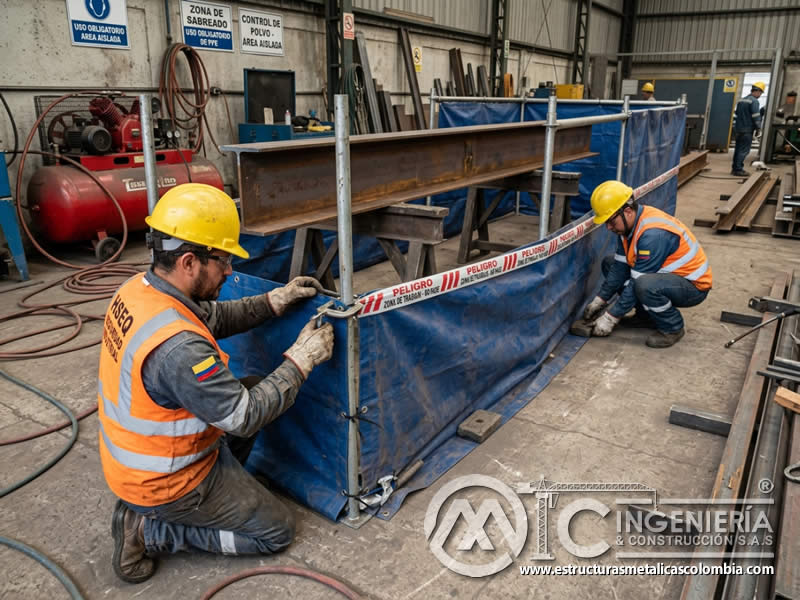 Instalación de barreras para una zona segura durante chorro abrasivo en Bogotá, Colombia. Montajes, Ingeniería y Construcción. MIC SAS. Instalación de barreras para una zona segura durante chorro abrasivo en Bogotá, Colombia. Montajes, Ingeniería y Construcción. MIC SAS.