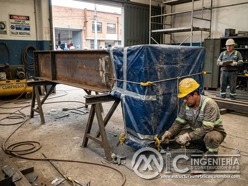 Lona resistente delimitando zona protegida antes del chorreado de arena en Bogotá, Colombia. Montajes, Ingeniería y Construcción. MIC SAS. Lona resistente delimitando zona protegida antes del chorreado de arena en Bogotá, Colombia. Montajes, Ingeniería y Construcción. MIC SAS.