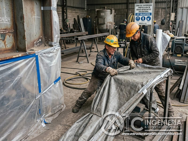 Plásticos y lonas protegiendo superficies vecinas durante sandblasting en Bogotá, Colombia. Montajes, Ingeniería y Construcción. MIC SAS. Plásticos y lonas protegiendo superficies vecinas durante sandblasting en Bogotá, Colombia. Montajes, Ingeniería y Construcción. MIC SAS.