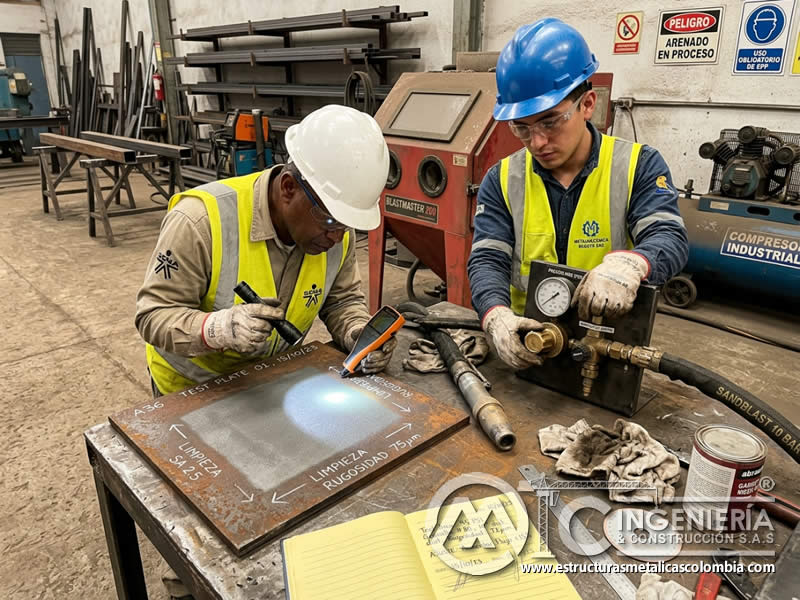 Ajuste de parámetros de sandblasting tras prueba en Bogotá, Colombia. Montajes, Ingeniería y Construcción. MIC SAS.