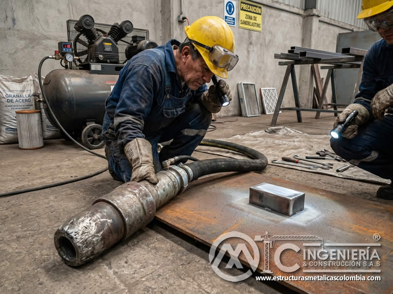 Boquilla y manguera de chorro abrasivo durante prueba en Bogotá, Colombia. Montajes, Ingeniería y Construcción. MIC SAS.