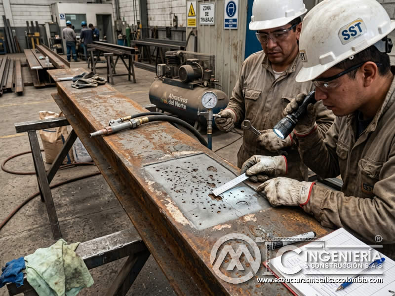 Defectos de superficie identificados en prueba pequeña de arenado en Bogotá, Colombia. Montajes, Ingeniería y Construcción. MIC SAS.