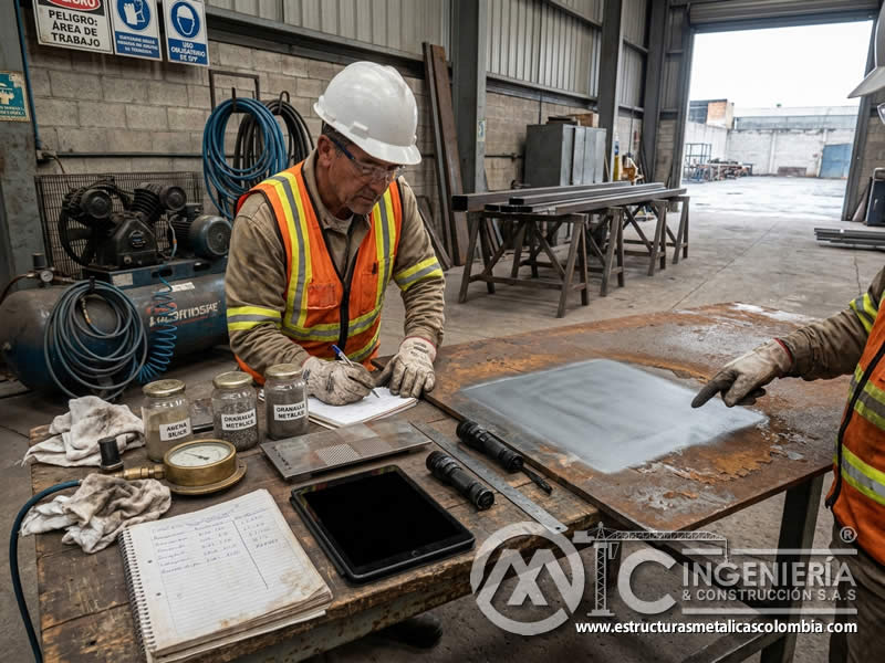 Documentación de resultados de prueba de sandblasting en Bogotá, Colombia. Montajes, Ingeniería y Construcción. MIC SAS.
