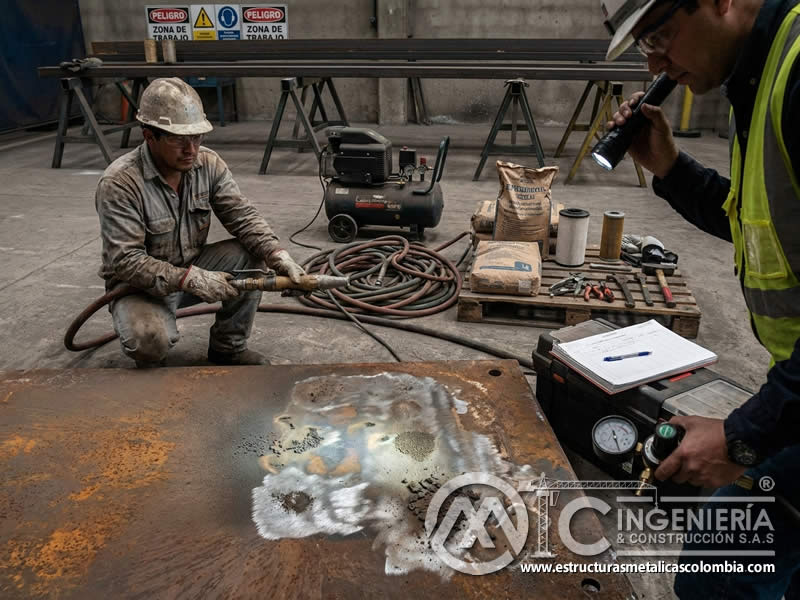 Equipo de sandblasting y fallas durante prueba de área pequeña en Bogotá, Colombia. Montajes, Ingeniería y Construcción. MIC SAS.