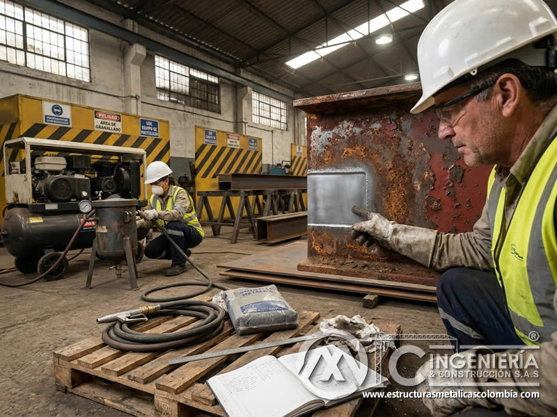 Impacto de prueba en preparación de superficie para sandblasting en Bogotá, Colombia. Montajes, Ingeniería y Construcción. MIC SAS.