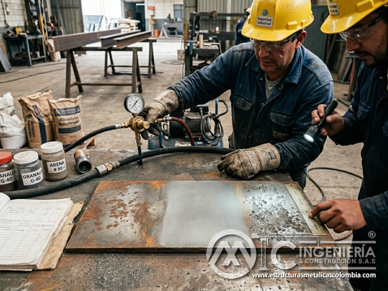 Presión y abrasivo en prueba de control de chorro abrasivo en Bogotá, Colombia. Montajes, Ingeniería y Construcción. MIC SAS.