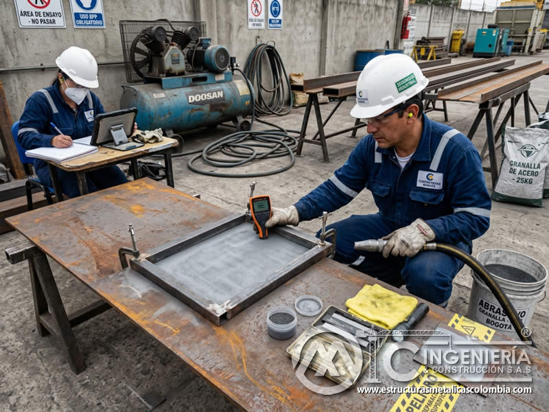 Verificación de materiales en área de prueba para arenado en Bogotá, Colombia. Montajes, Ingeniería y Construcción. MIC SAS.