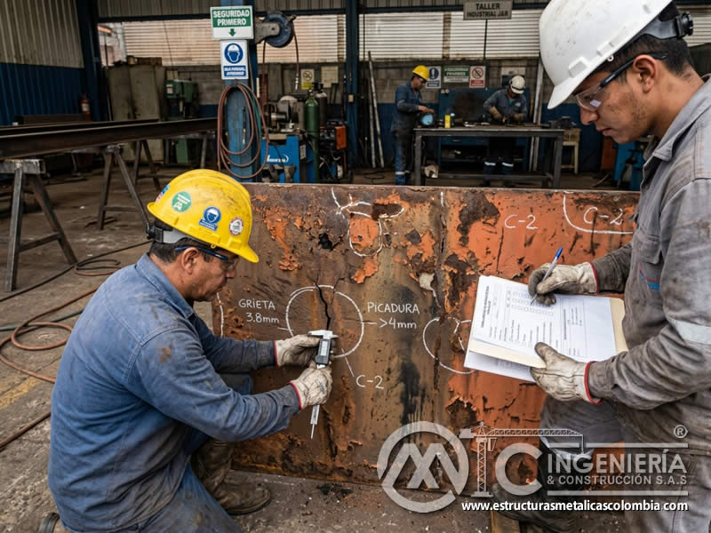 Evaluación de grietas, corrosión y defectos antes del sandblasting en Bogotá, Colombia. Montajes, Ingeniería y Construcción. MIC SAS.
