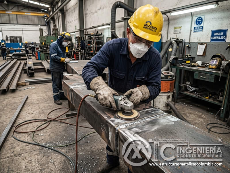 Lijado y desbaste de reparación en superficie metálica antes del arenado en Bogotá, Colombia. Montajes, Ingeniería y Construcción. MIC SAS.