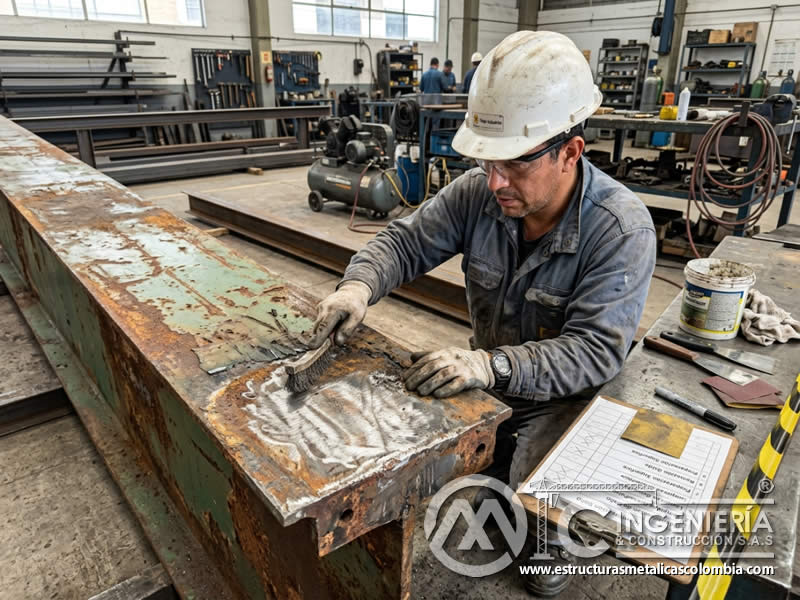 Preparación de superficie para reparación antes del sandblasting con limpieza en Bogotá, Colombia. Montajes, Ingeniería y Construcción. MIC SAS.