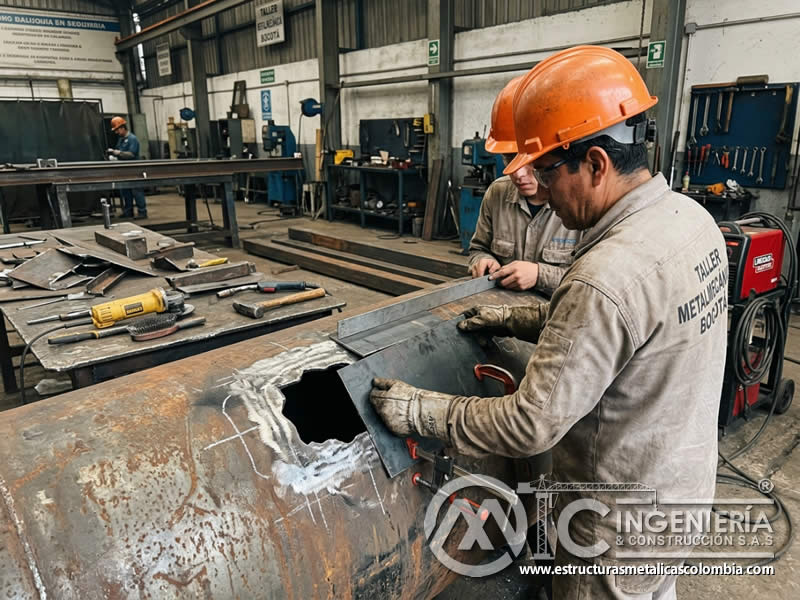 Reparación de agujeros con parche metálico antes del sandblasting en Bogotá, Colombia. Montajes, Ingeniería y Construcción. MIC SAS.