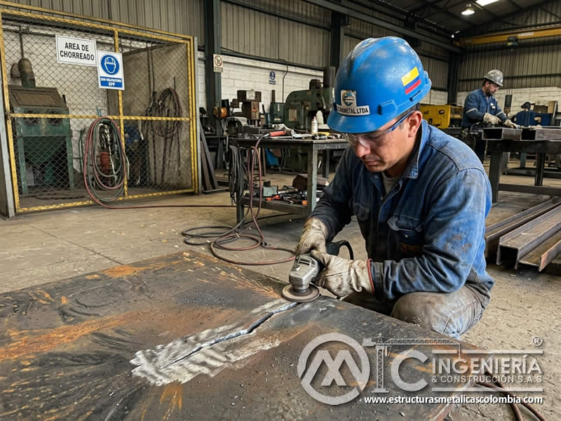 Reparación de grietas en superficie metálica antes del sandblasting en Bogotá, Colombia. Montajes, Ingeniería y Construcción. MIC SAS.