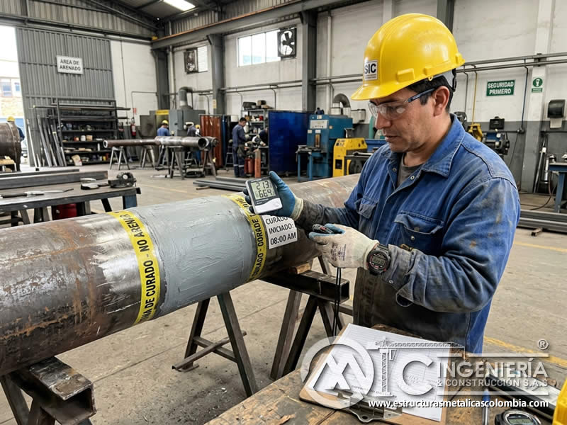Secado y curado de reparación antes del sandblasting con control de tiempo en Bogotá, Colombia. Montajes, Ingeniería y Construcción. MIC SAS.