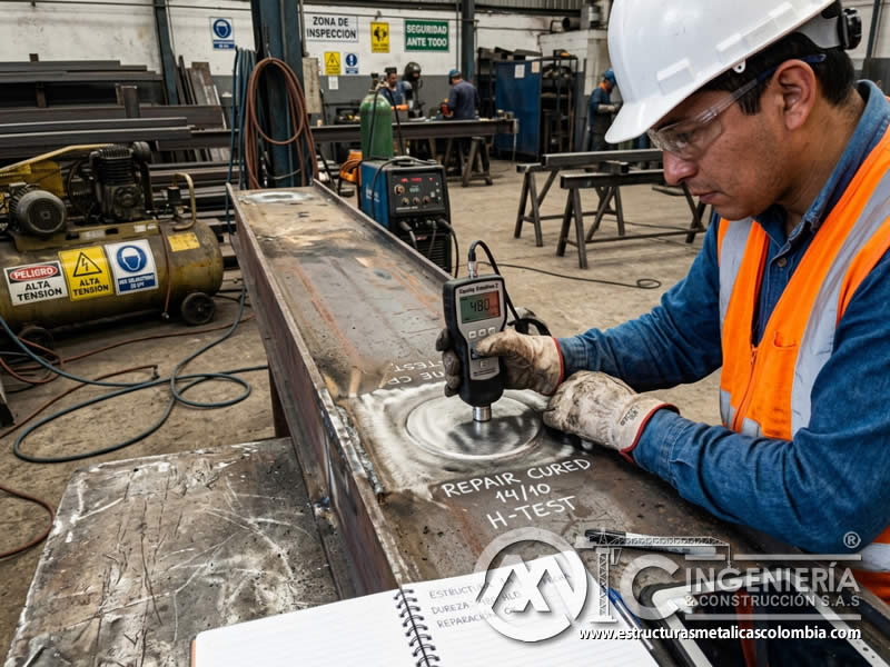 Verificación de curado y dureza de reparación antes del chorro abrasivo en Bogotá, Colombia. Montajes, Ingeniería y Construcción. MIC SAS.