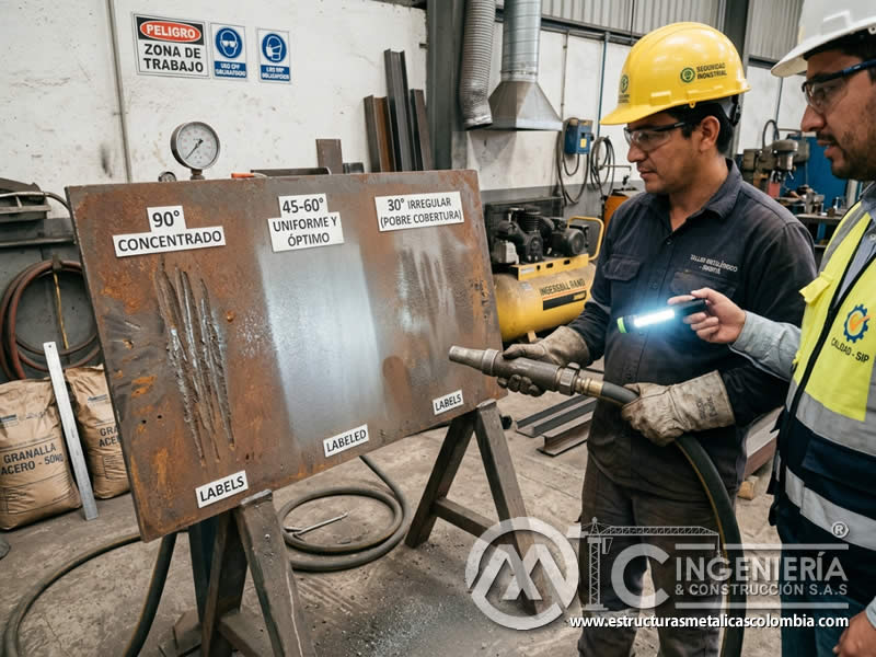 Ángulo de boquilla y distribución del chorro abrasivo en Bogotá, Colombia. Montajes, Ingeniería y Construcción. MIC SAS.