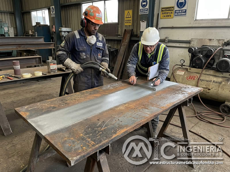 Cobertura de boquilla en sandblasting sobre superficie metálica en Bogotá, Colombia. Montajes, Ingeniería y Construcción. MIC SAS.